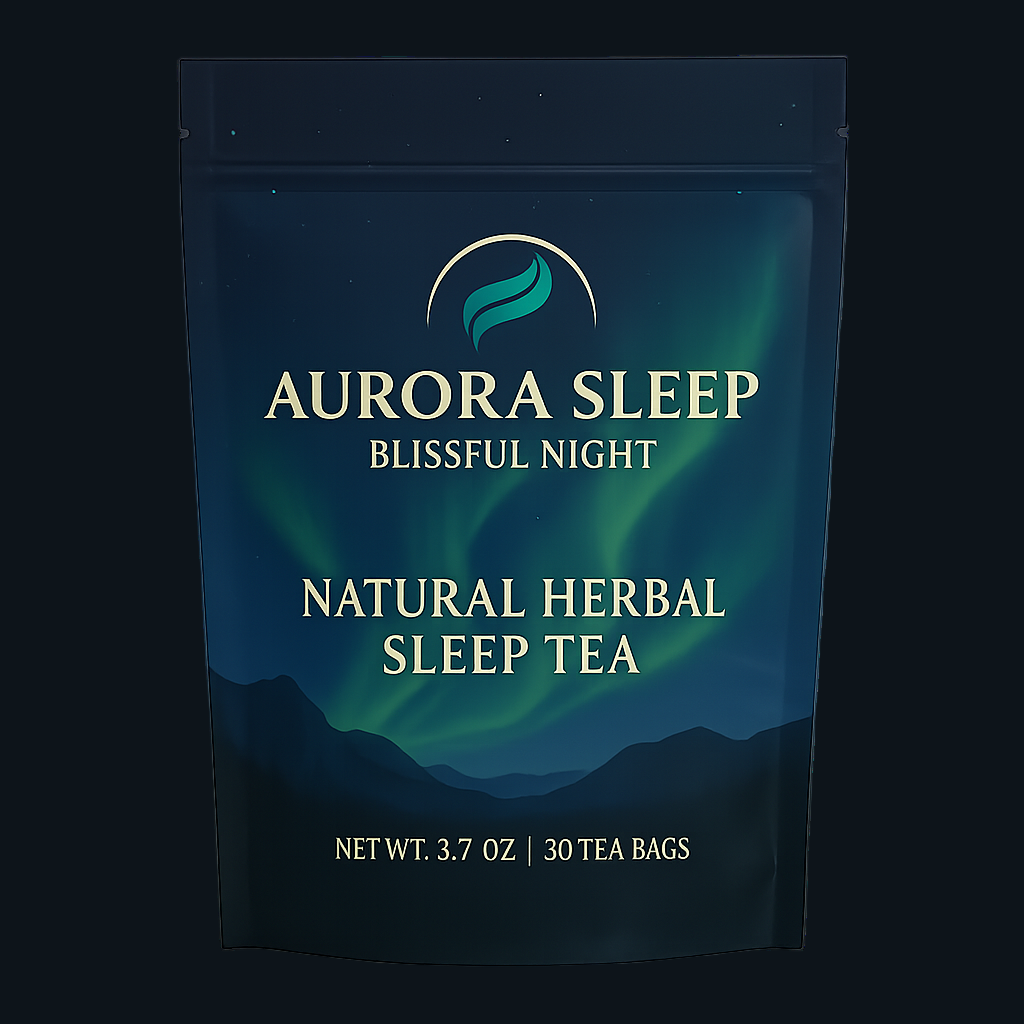 Aurora Sleep natural herbal sleep tea package on a dark background