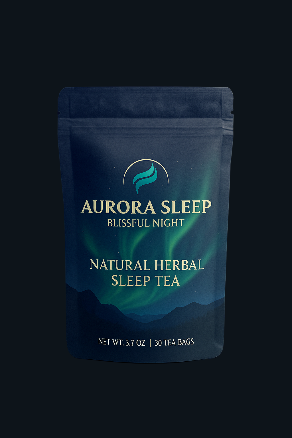 Aurora Sleep natural herbal sleep tea package on a black background