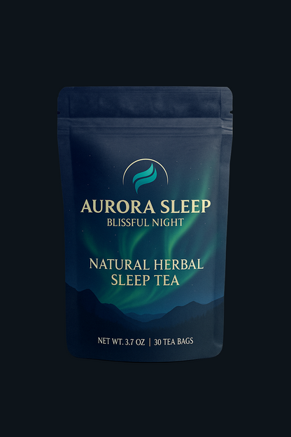 Aurora Sleep natural herbal sleep tea package on a black background