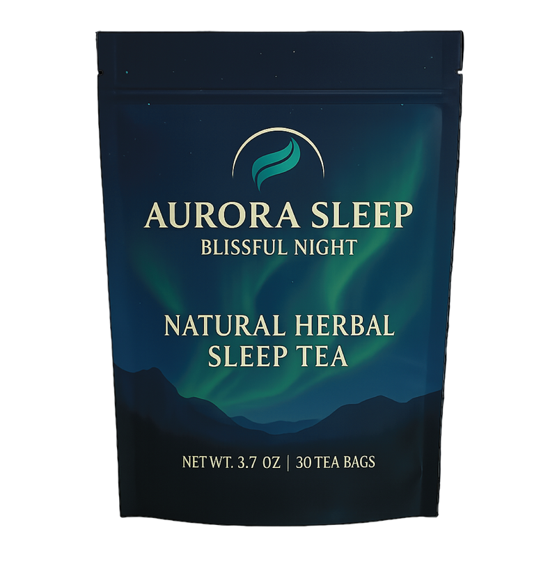 Aurora Sleep natural herbal sleep tea package with a scenic design on a white background