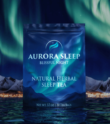 Aurora Sleep natural herbal sleep tea package with a scenic background