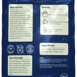 Tea bag packaging with brewing instructions, ingredients, and eco-friendly certification on a blue background.