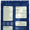 Tea bag packaging with brewing instructions, ingredients, and eco-friendly certification on a blue background.