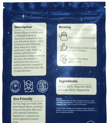 Tea bag packaging with brewing instructions, ingredients, and eco-friendly certification on a blue background.