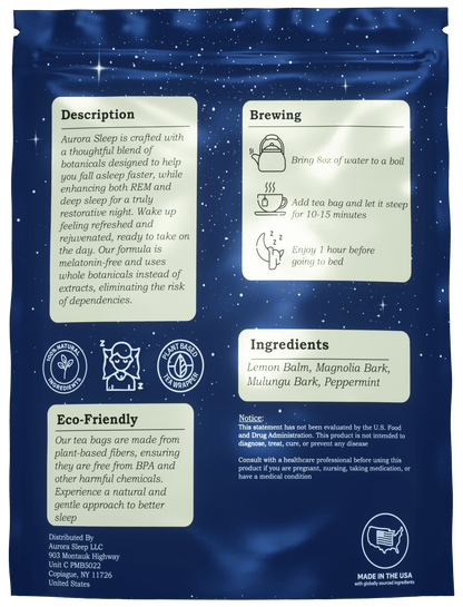 Tea bag packaging with brewing instructions, ingredients, and eco-friendly certification on a blue background.